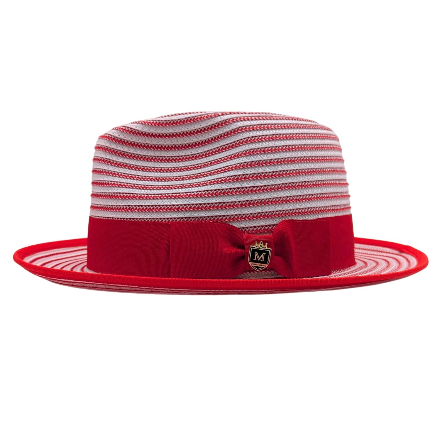 Red and white fedora hat side view with red bow band, striped crown, red brim trim, and Montique pin