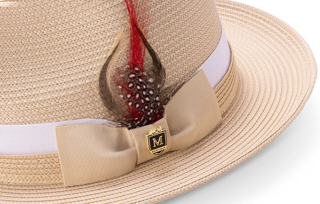 beige Montique fedora hat with woven texture and wide brim