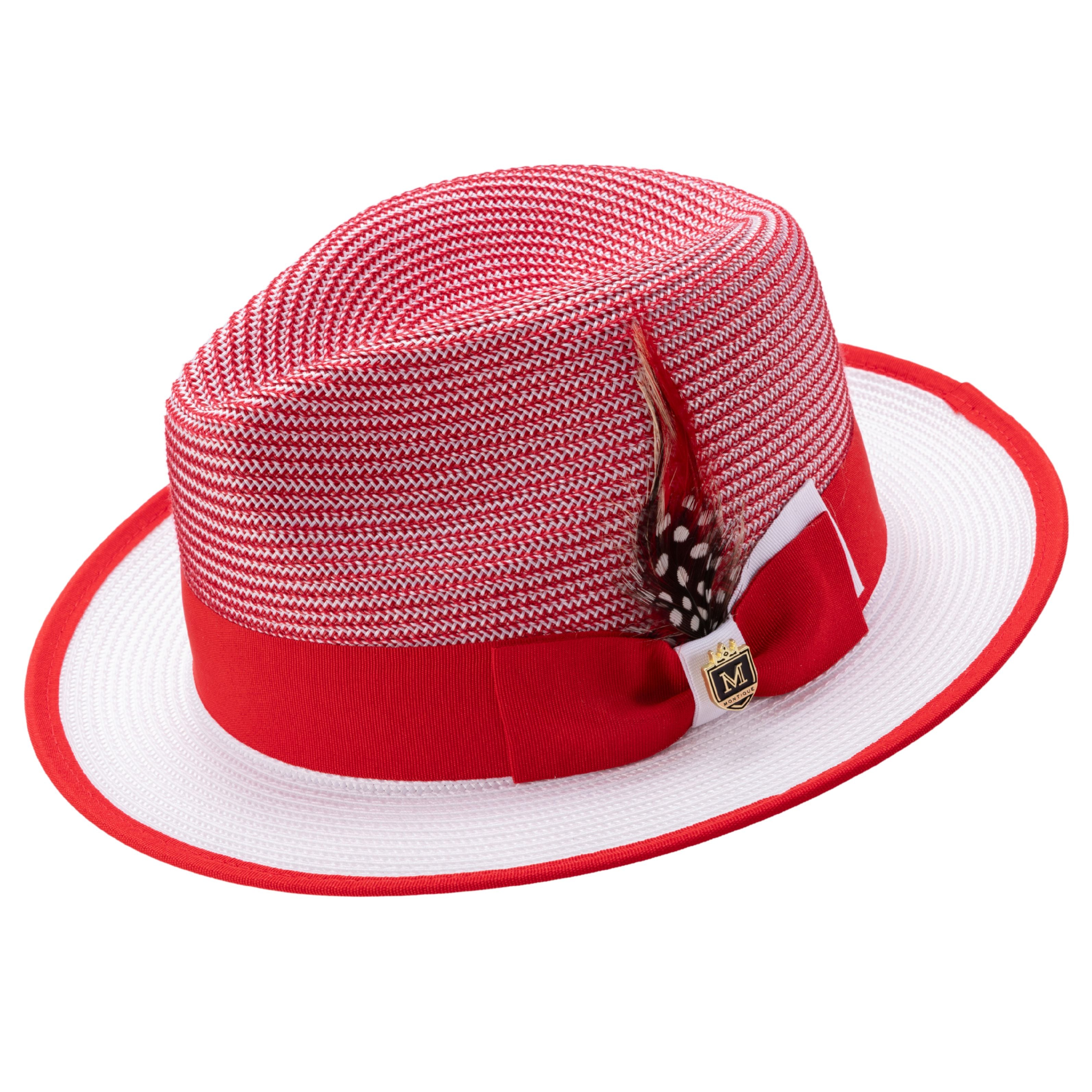 Red and white center crease fedora hat with ribbon band and feather accent