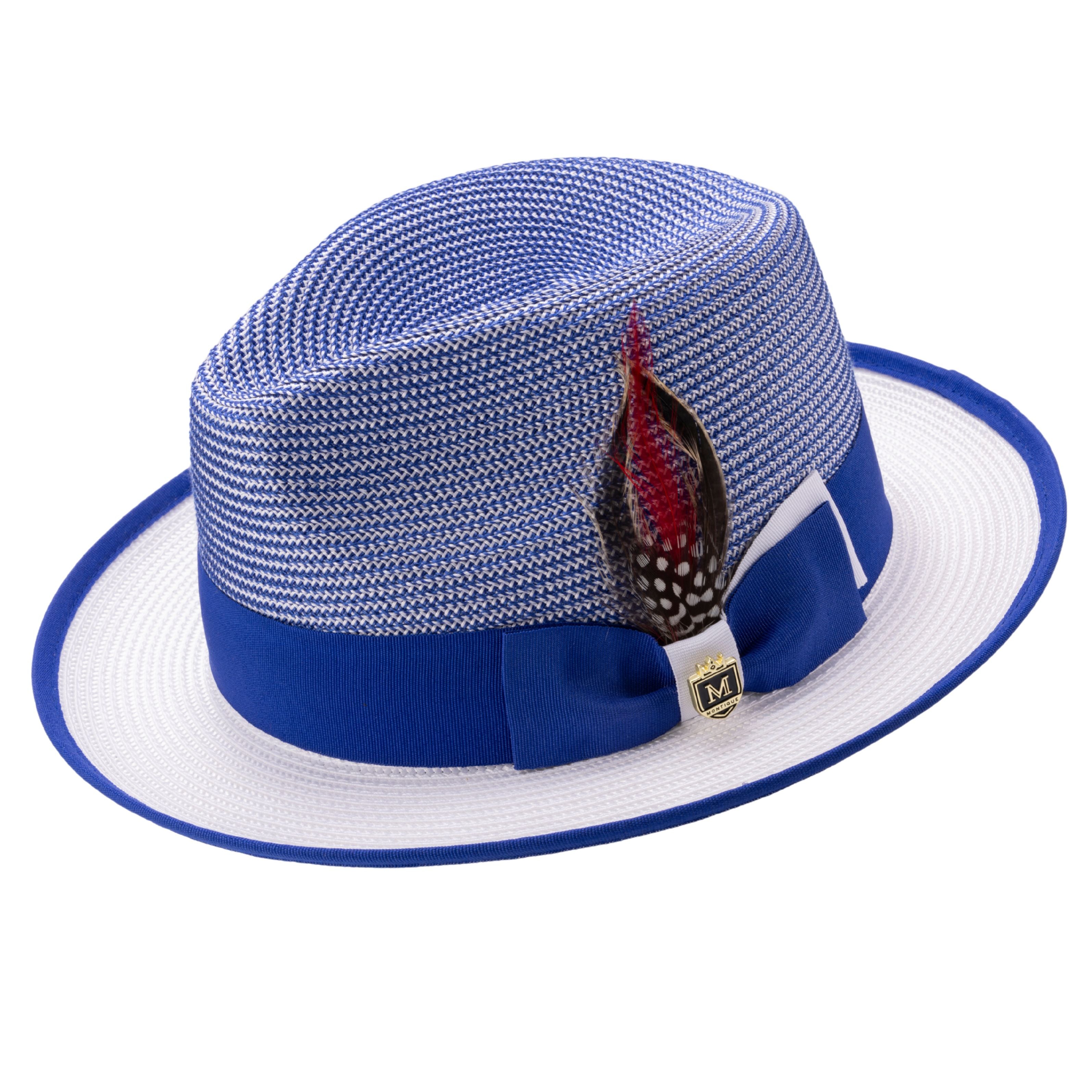 Royal and white woven straw men's fedora hat with dual-tone grosgrain ribbon and feather accent.