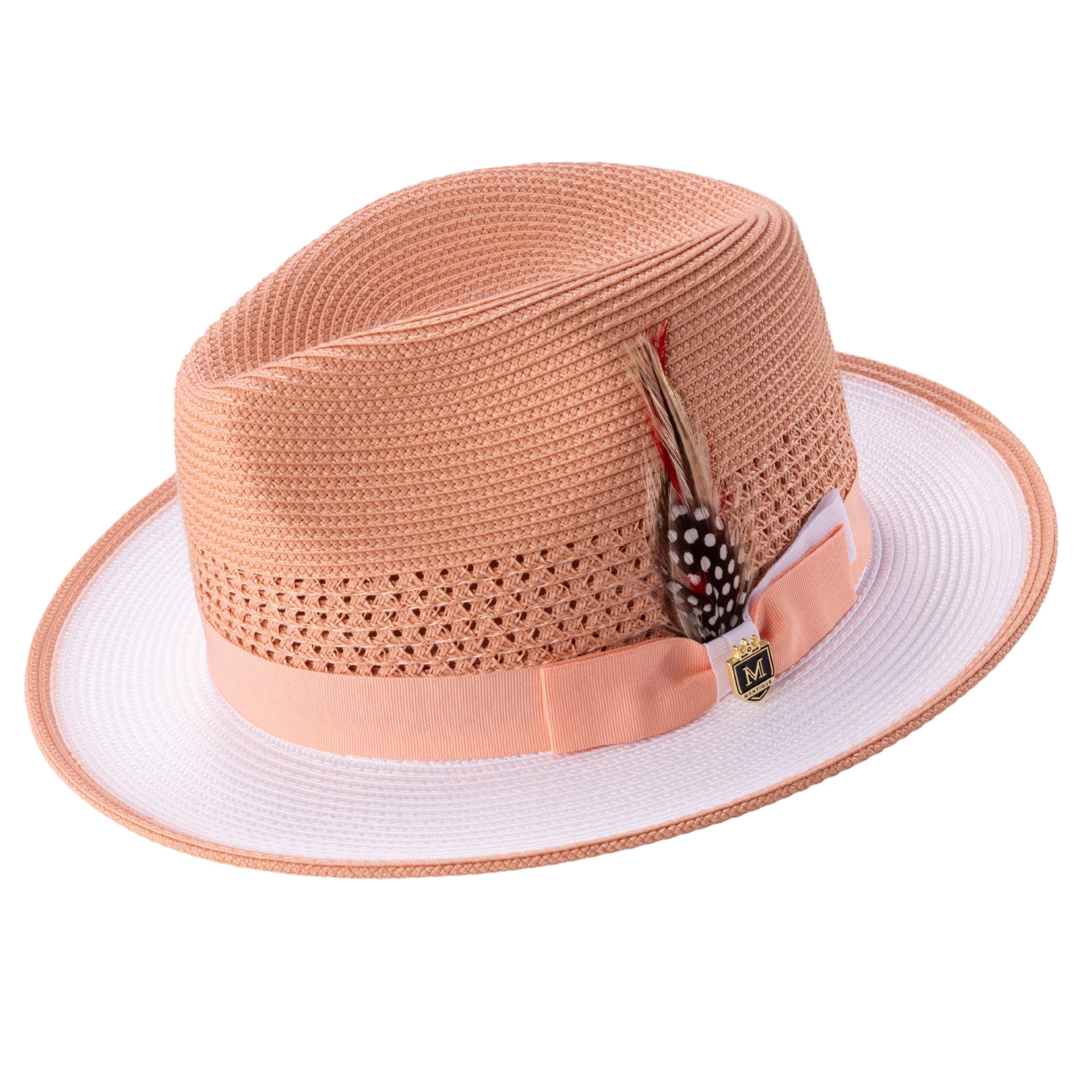 Peach and white two tone ventilated fedora hat with feather