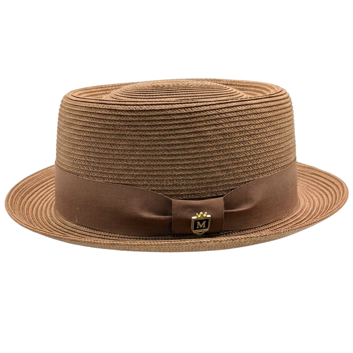 Montique cappuccino straw pork pie hat side view with matching ribbon band and logo pin