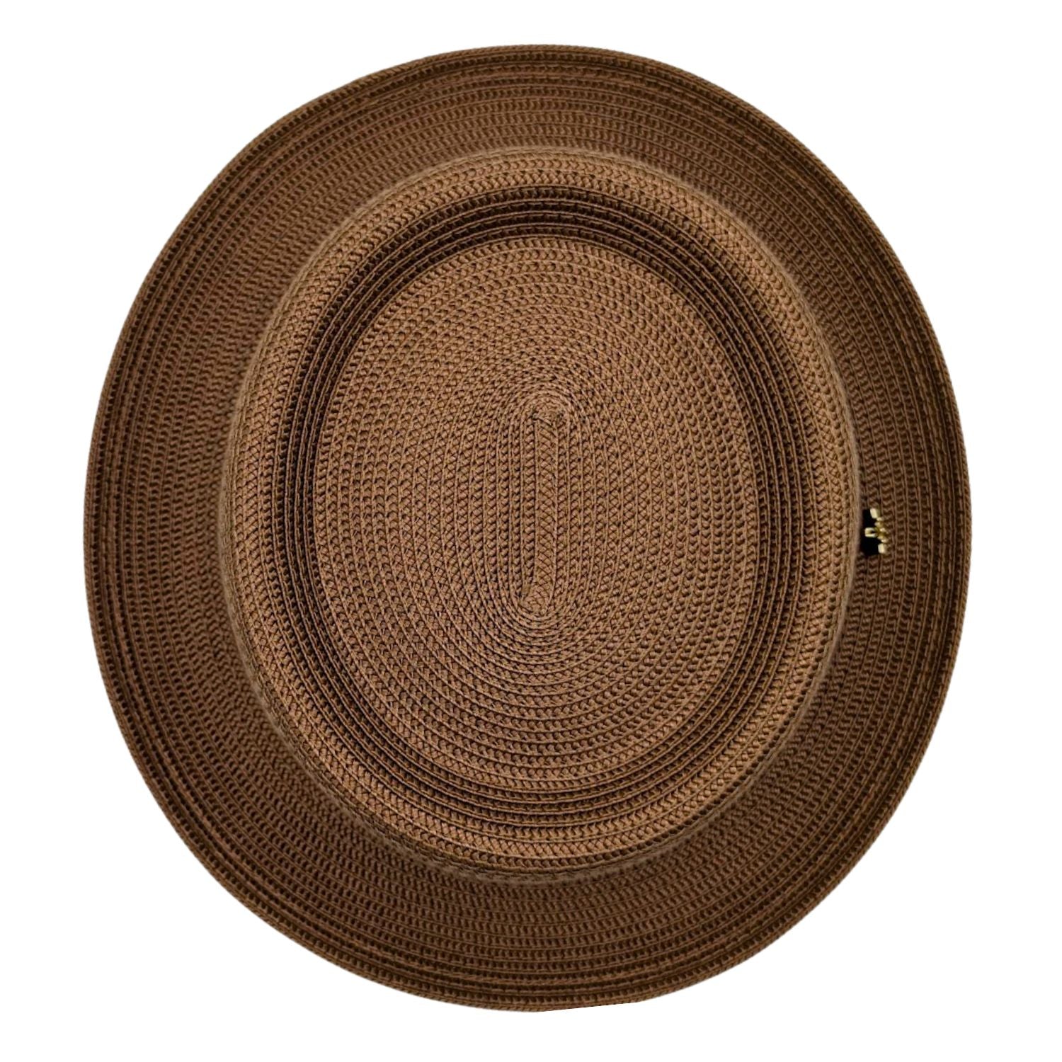 Montique cappuccino straw pork pie hat top view with flat crown