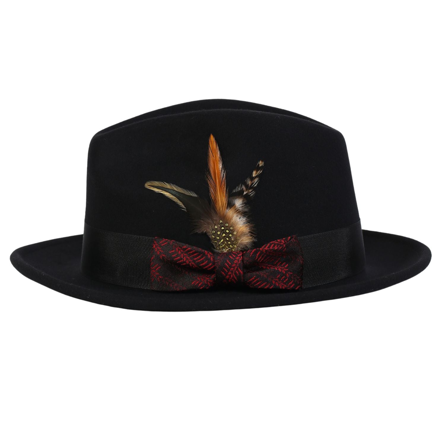 side view black fedora red band feather