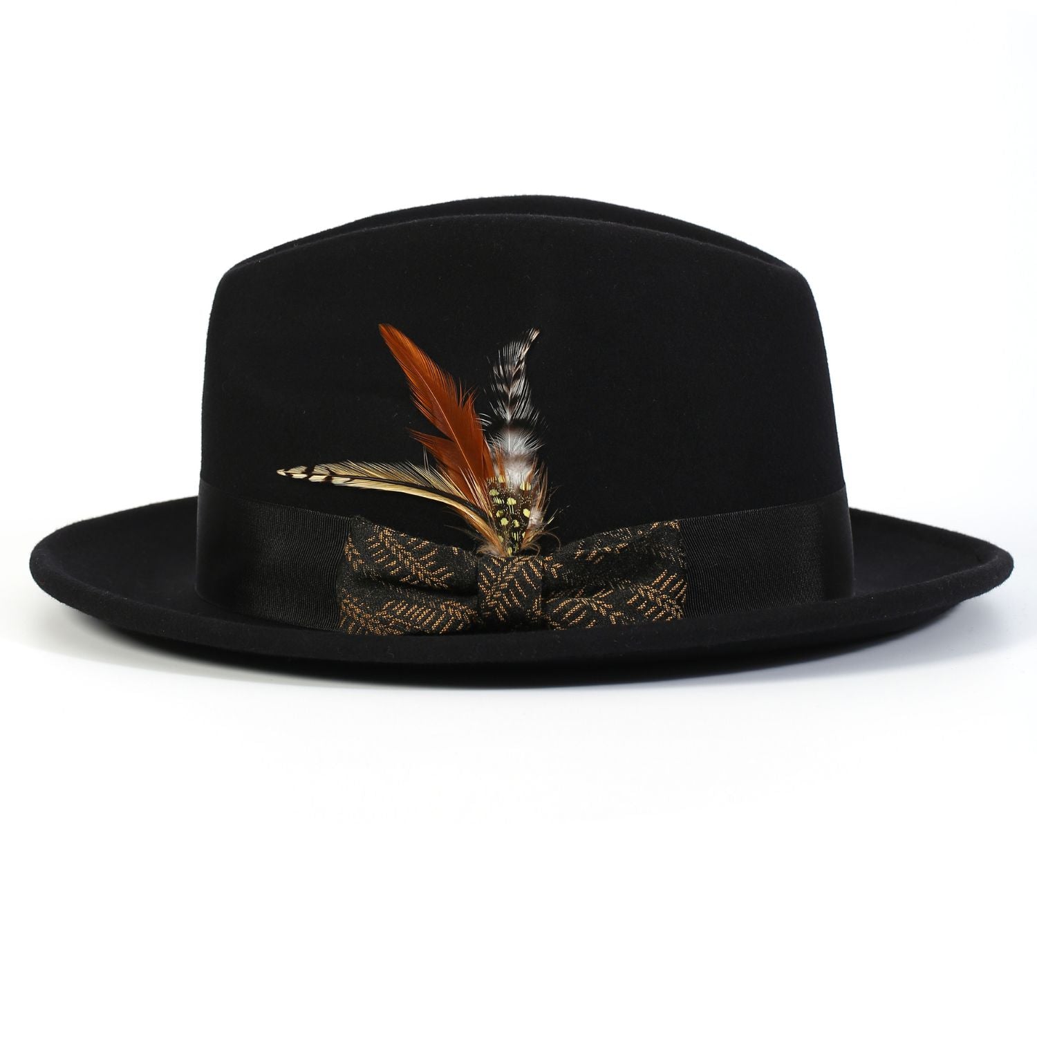 side view black fedora khaki band feather