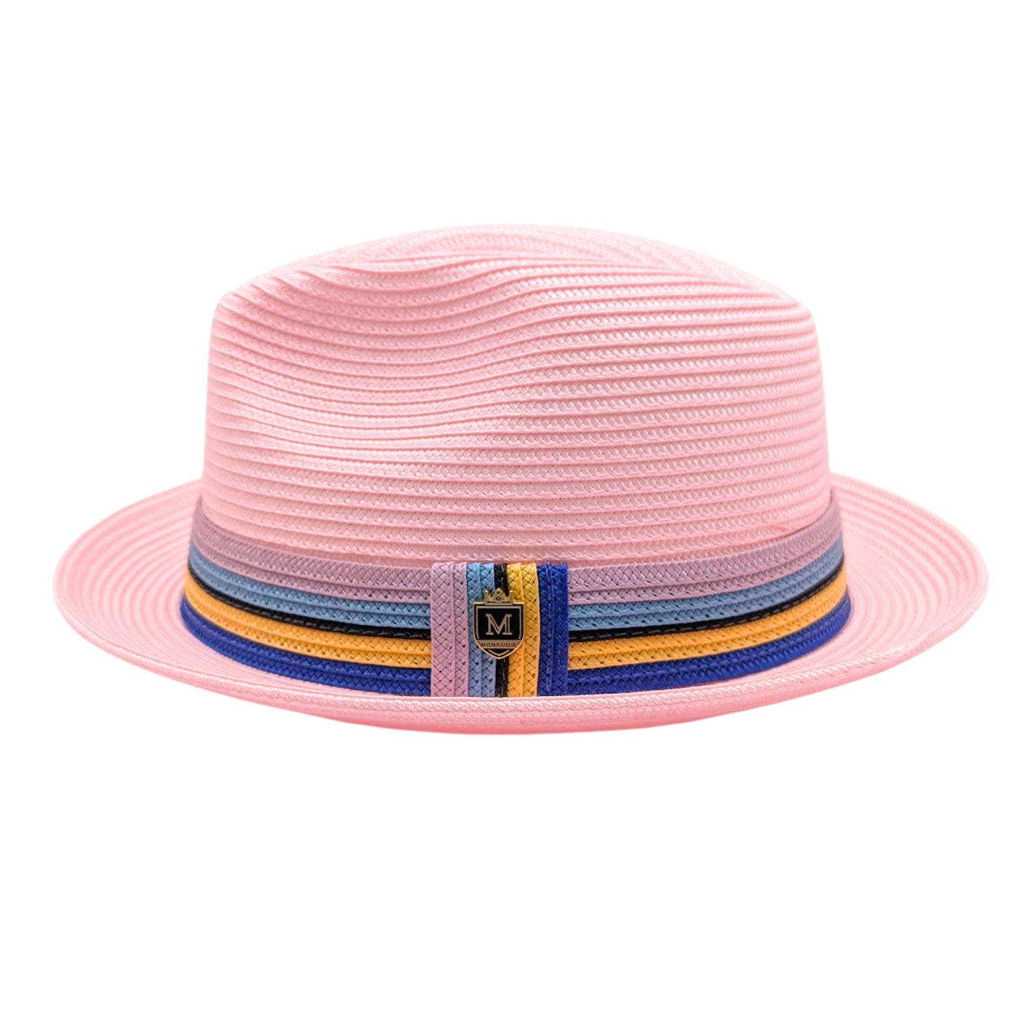 Montique pink straw fedora hat side view with multicolor striped band, wide brim, woven crown, and gold logo pin