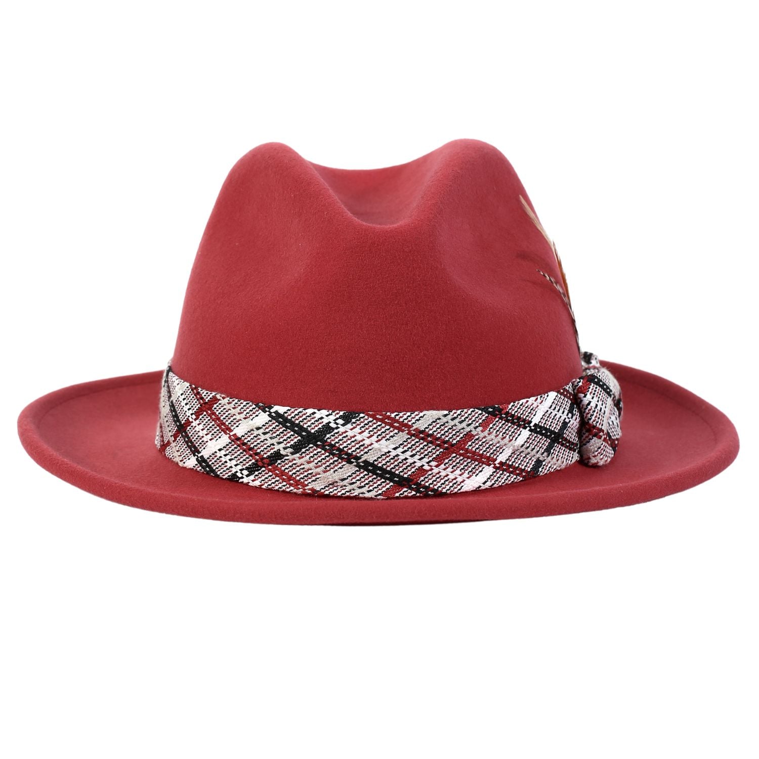 side view burgundy fedora hat plaid band