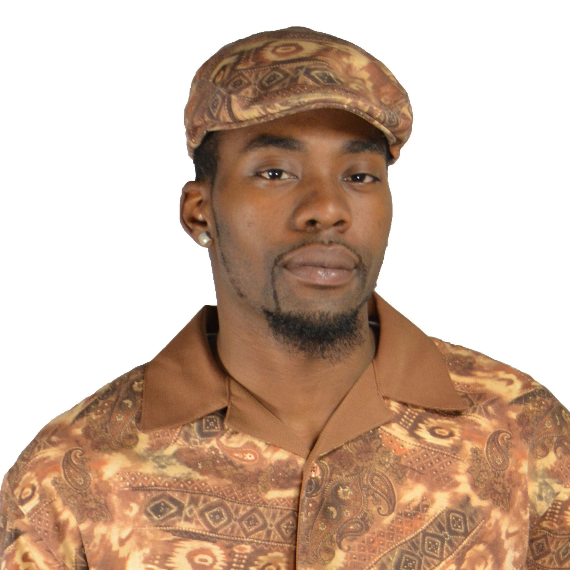 man wearing brown designer ivy cap camo paisley pattern