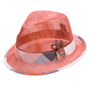Brandy Sinamay Fedora with Plaid Brim Edging and Feather Accent by Montique