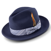 Navy Wool Pinch Fedora Hat with Matching Ribbon by Montique