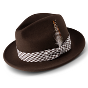Brown Wool Pinch Fedora Hat with Plaid Ribbon by Montique