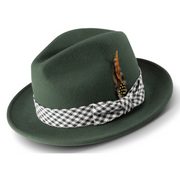 Hunter Green Wool Pinch Fedora Hat with Plaid Ribbon by Montique