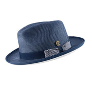 Navy White Bottom Braided Pinch Fedora Hat with Houndstooth Ribbon
