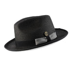 Black White Bottom Braided Pinch Fedora Hat with Houndstooth Ribbon
