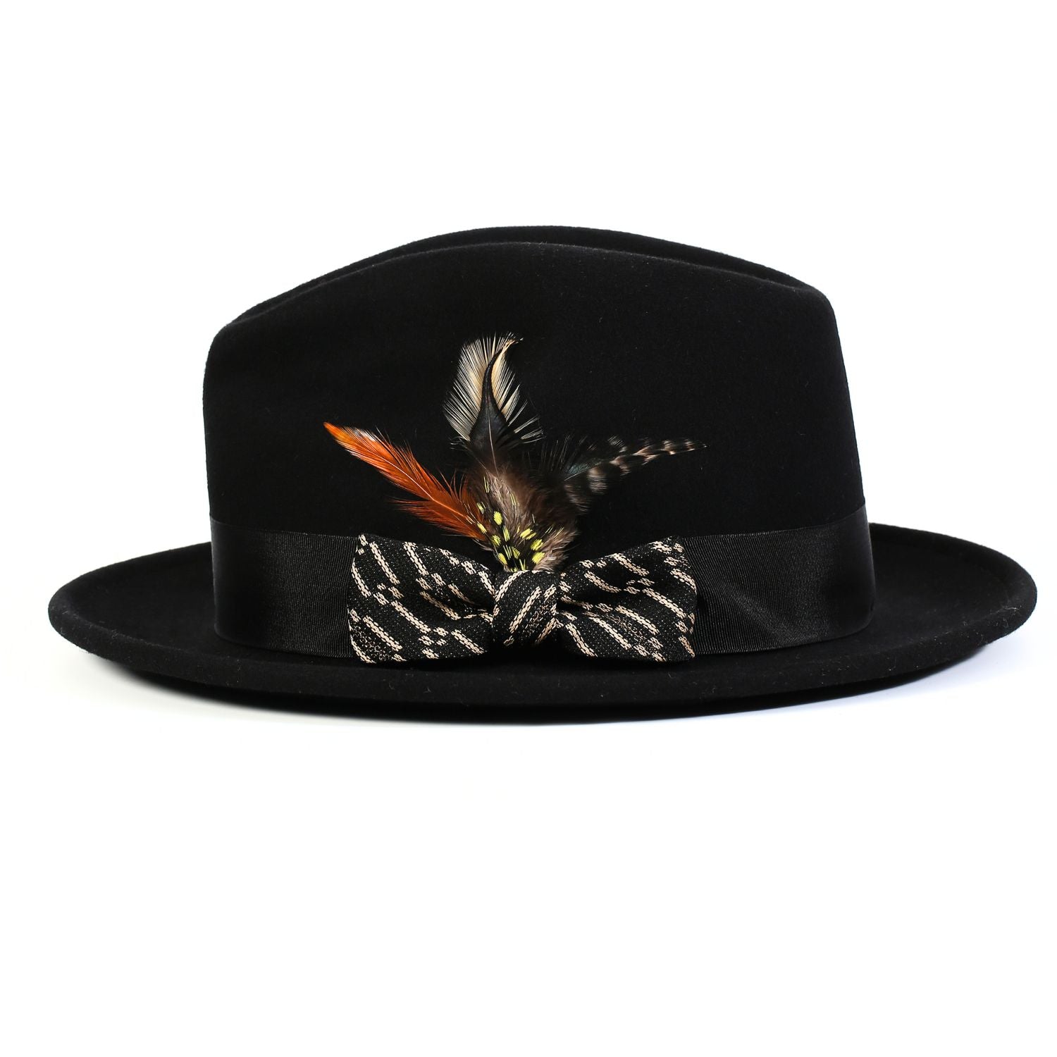 black fedora pinch crown detail beige accent
