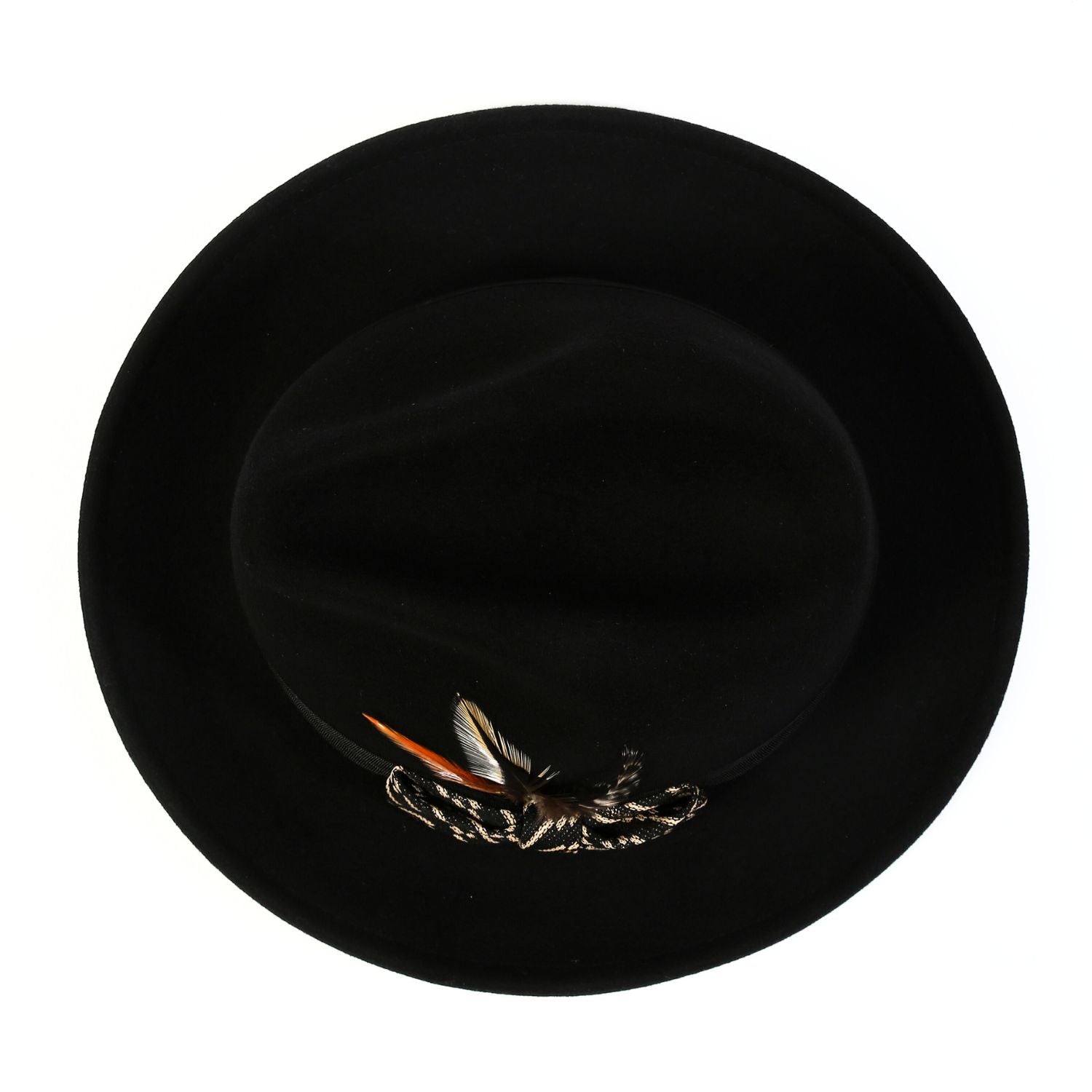 top view black wide brim felt hat