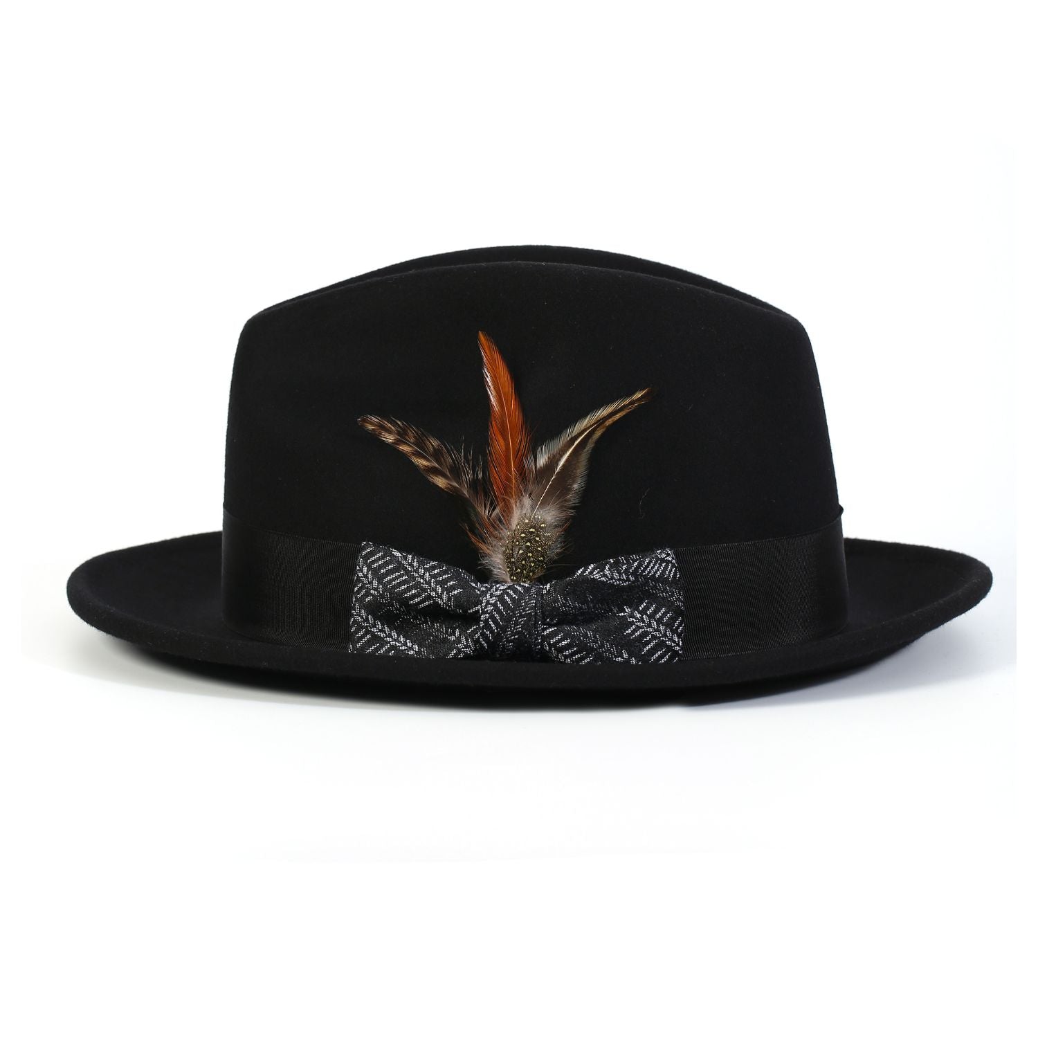 side view black fedora white band feather