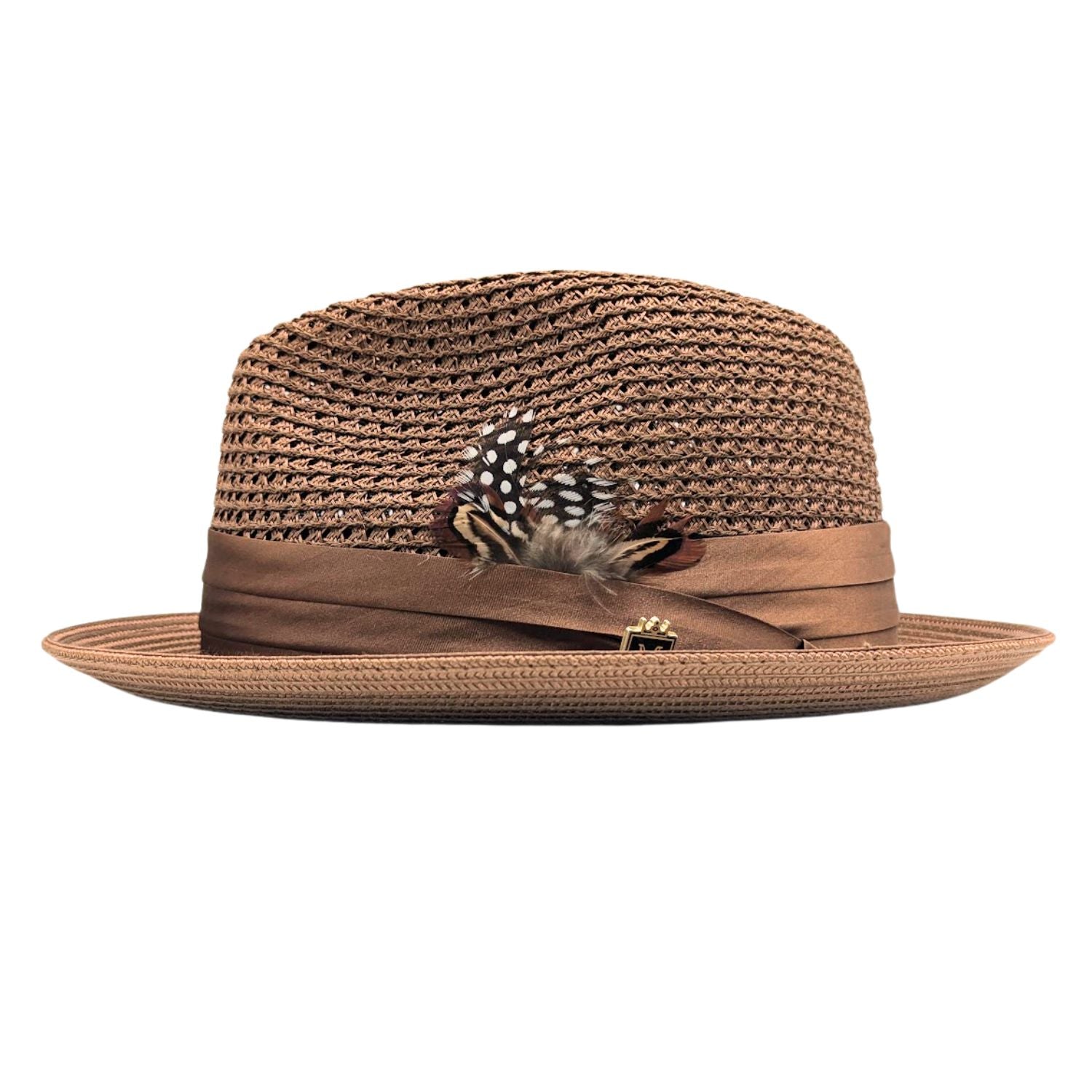 Cappuccino Montique fedora hat side view with open weave crown, satin ribbon band, logo pin, and clean white brim