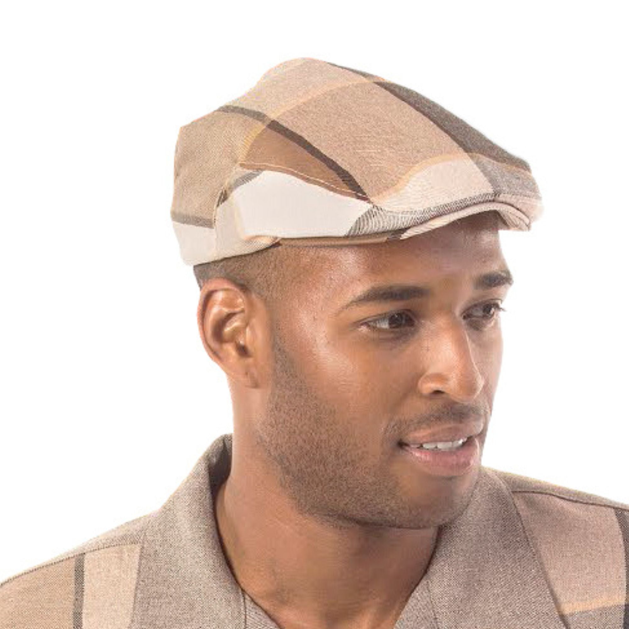 man wearing brown checkered ivy cap