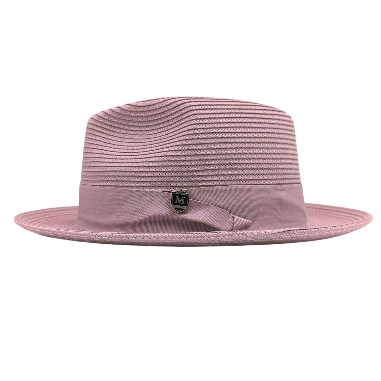 Blush Montique fedora hat front view with matching ribbon band, side bow, logo pin, and structured brim