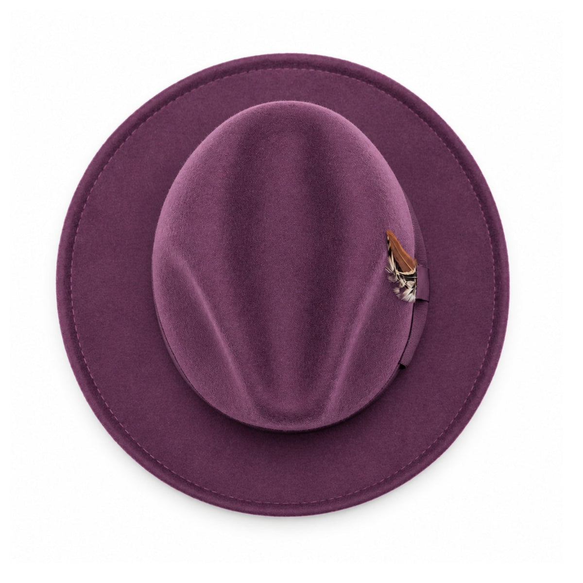 plum Lightfelt 2 1/2 inch wide brim wool felt pinch crown fedora hat by Montique top view with feather accent