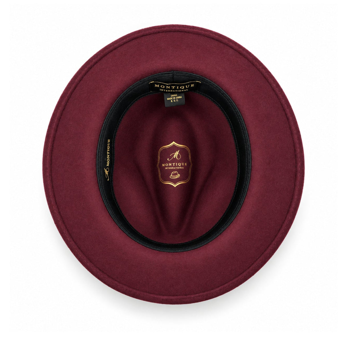 wine Lightfelt wide brim wool felt pinch crown fedora hat by Montique interior view with branded lining and black sweatband