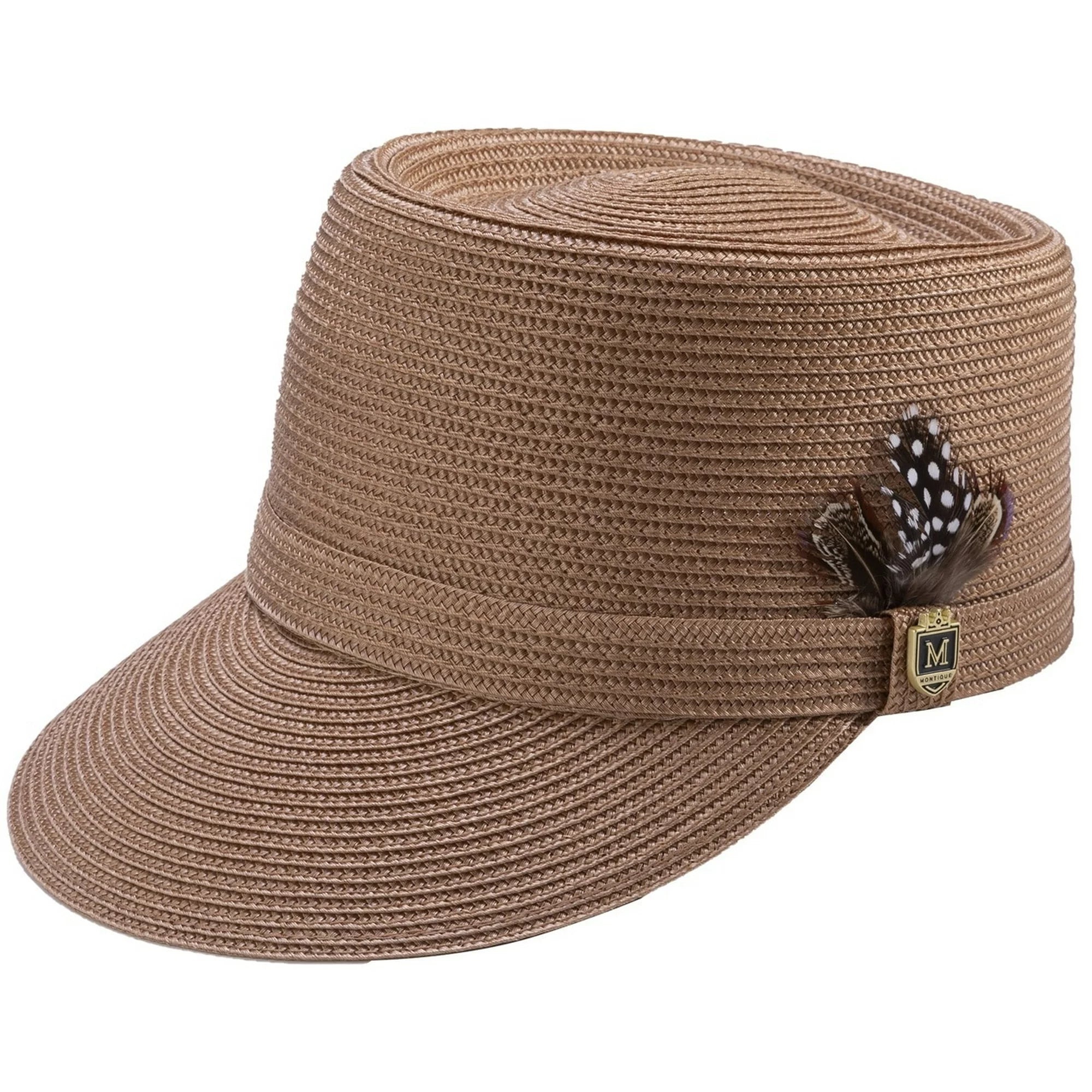 Apricot braided men's legionnaire hat with matching ribbon, feather accent, and signature Montique pin.