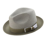 Rubique Collection: Montique Men's Braided Two Tone Stingy Brim Pinch Fedora Hat in Olive