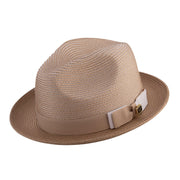 Rubique Collection: Montique Men's Braided Two Tone Stingy Brim Pinch Fedora Hat in Tan