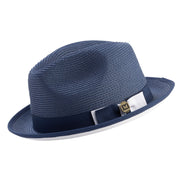 Navy and White Braided Stingy Brim Fedora Hat by Montique