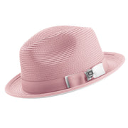 Pink and White Braided Stingy Brim Fedora Hat by Montique