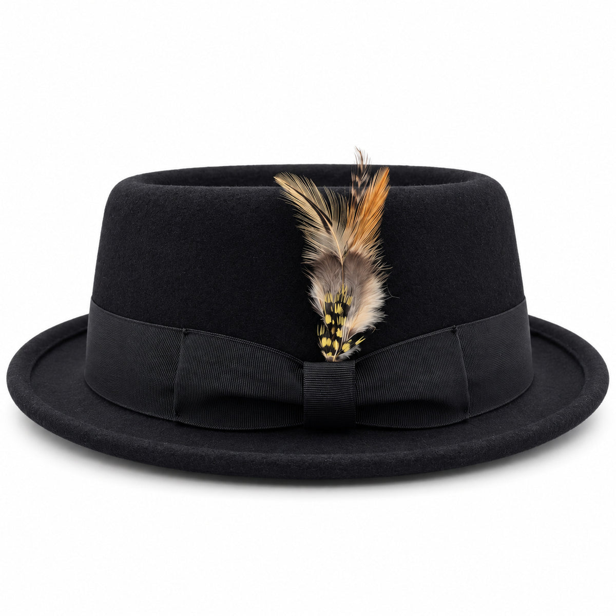 black pork pie wool felt hat by Montique side view with grosgrain bow and multicolor feather accent