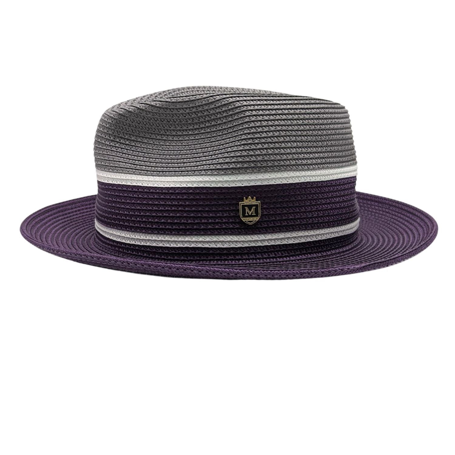 Montique purple and gray straw fedora hat side view with striped band and logo pin