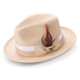 Pelican Collection: Montique Beige Fedora Hat with Two-Tone Grosgrain Ribbon Band and Feather Accent