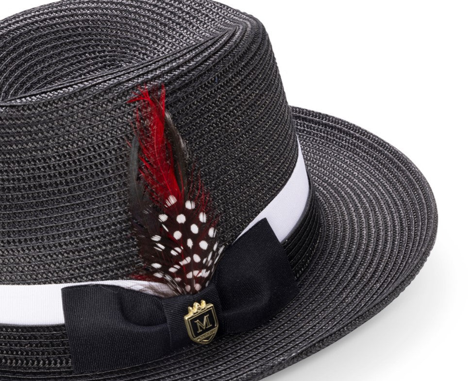 Black Montique fedora hat with woven texture and wide brim