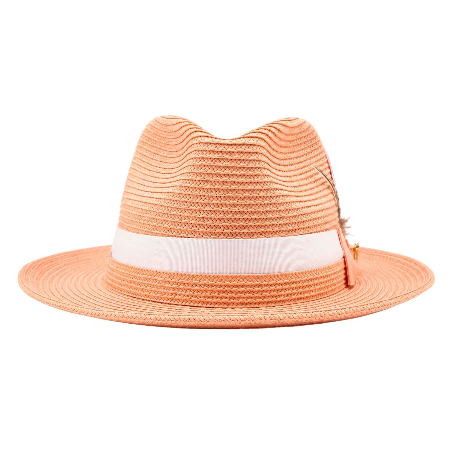 Montique peach straw fedora hat front view with white ribbon band and woven wide brim