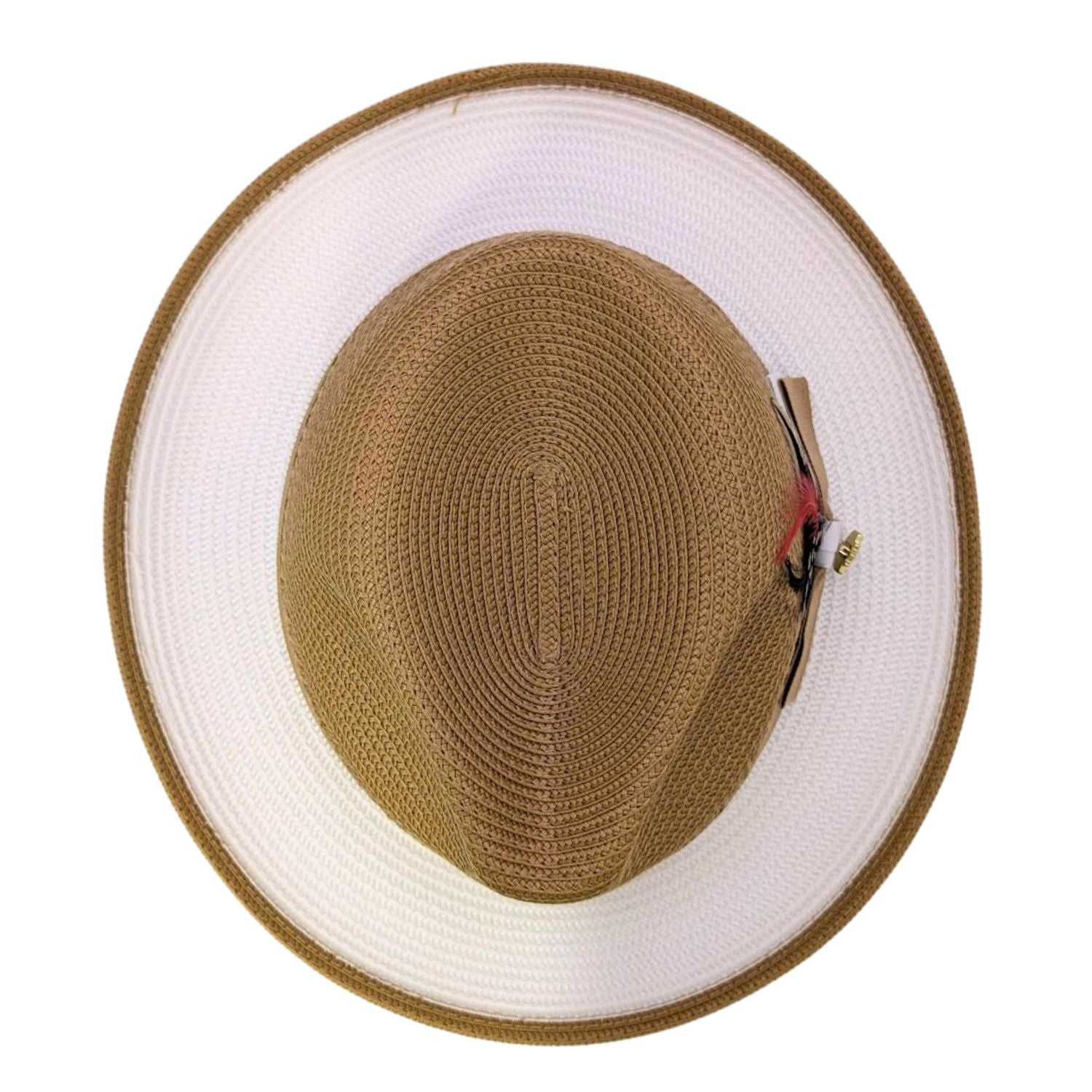Montique mustard straw fedora hat top view with white brim underside and feather accent