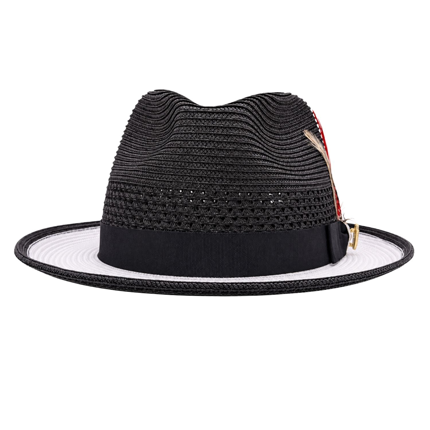 Black and white Montique fedora hat front view with black woven crown, white brim contrast, black grosgrain band, and feather accent