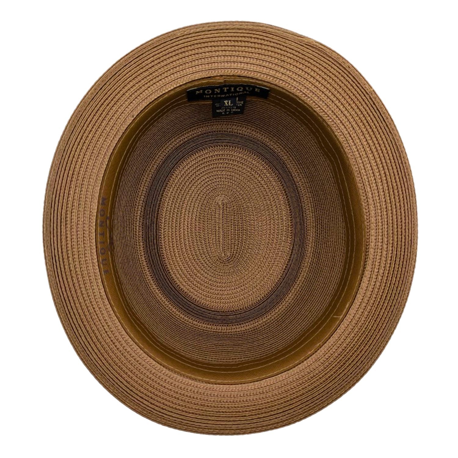 Montique cappuccino straw pork pie hat inside view with branded sweatband