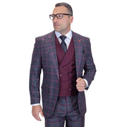 3-Piece Plaid Peak Lapel Suit with Double-Breasted Vest - Black/Burgundy
