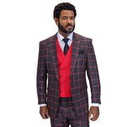 3-Piece Plaid Peak Lapel Suit with Double-Breasted Vest - Black/Red