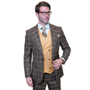 3-Piece Plaid Peak Lapel Suit with Double-Breasted Vest - Camel
