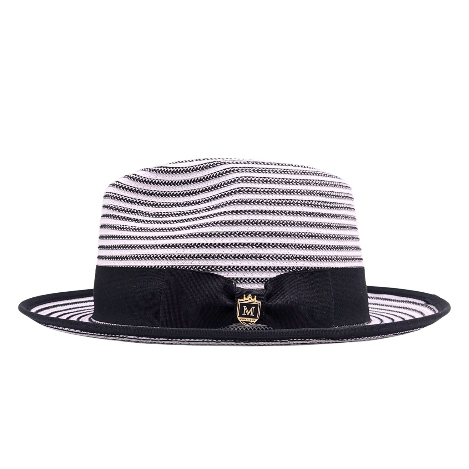 side view of black and white striped men’s fedora hat with black bow band, Montique pin, and flat brim