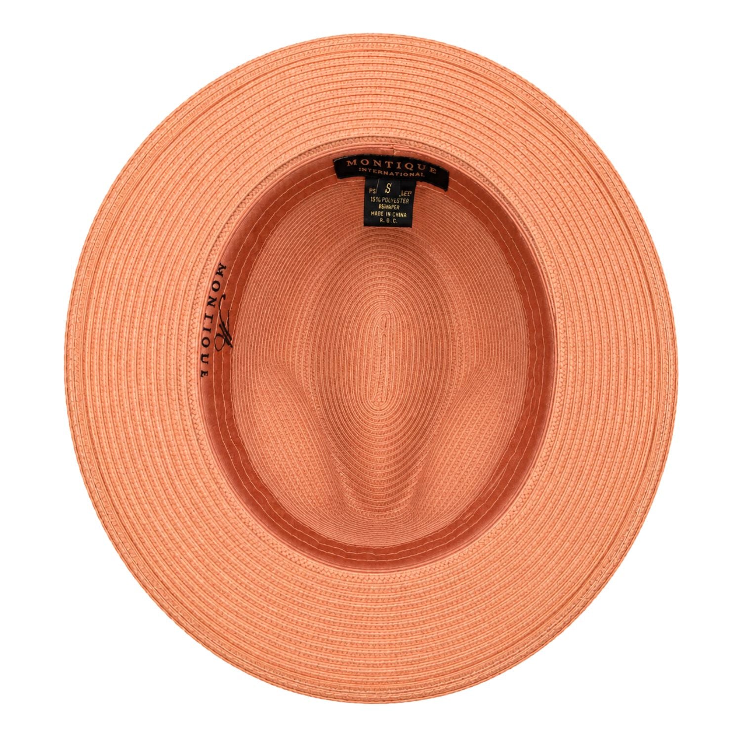 Montique peach straw fedora hat inside view with matching peach crown, brim, and branded sweatband