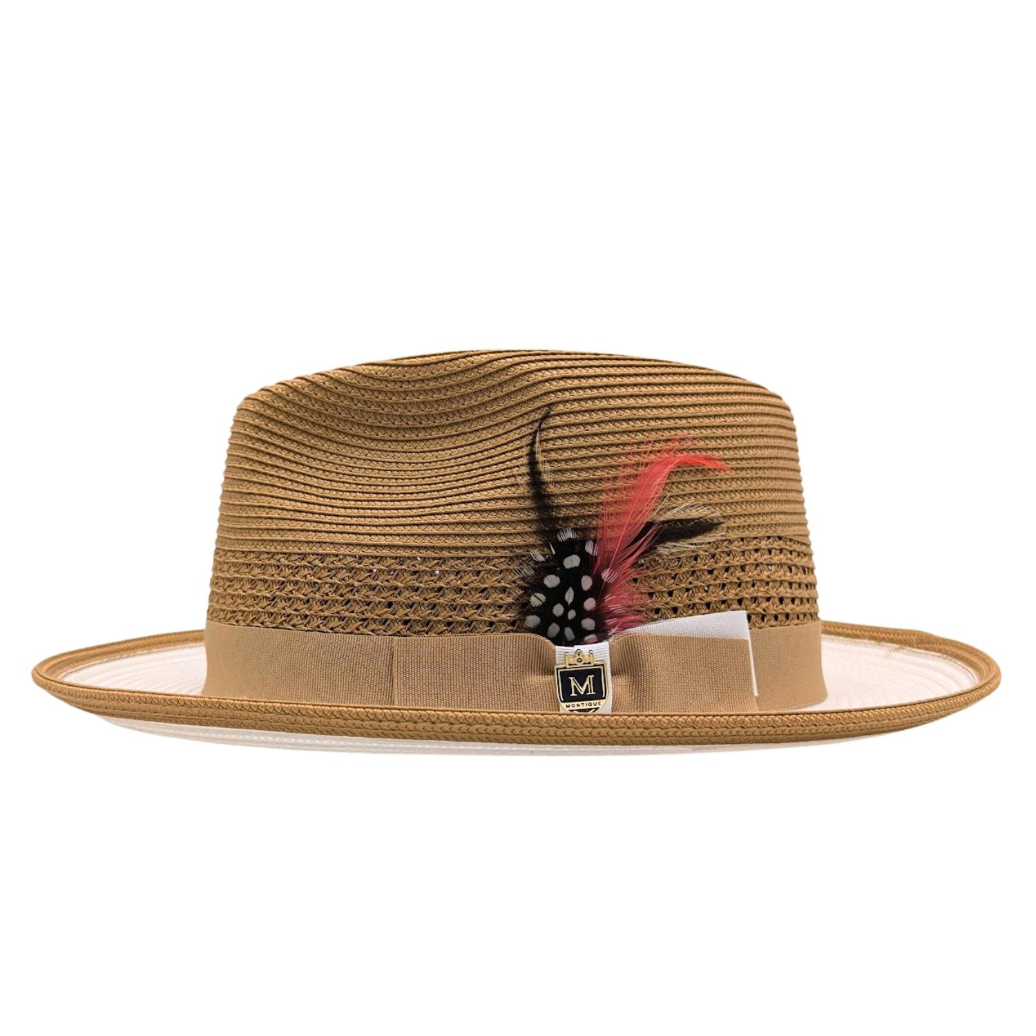 Montique mustard straw fedora hat side view with open weave crown, ribbon band, bow, and feather