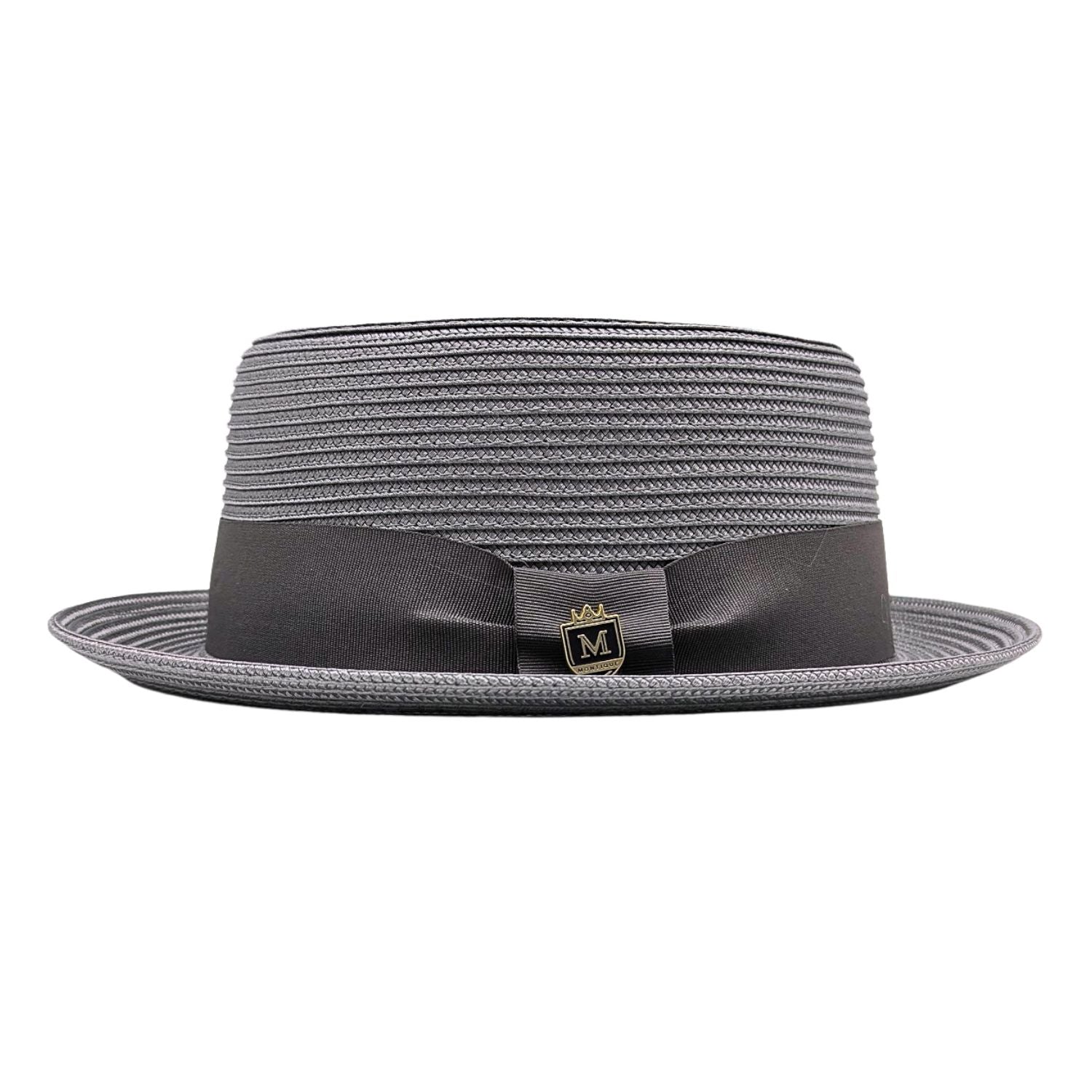Grey Montique pork pie hat side view with woven crown, dark grey band, and matching brim trim