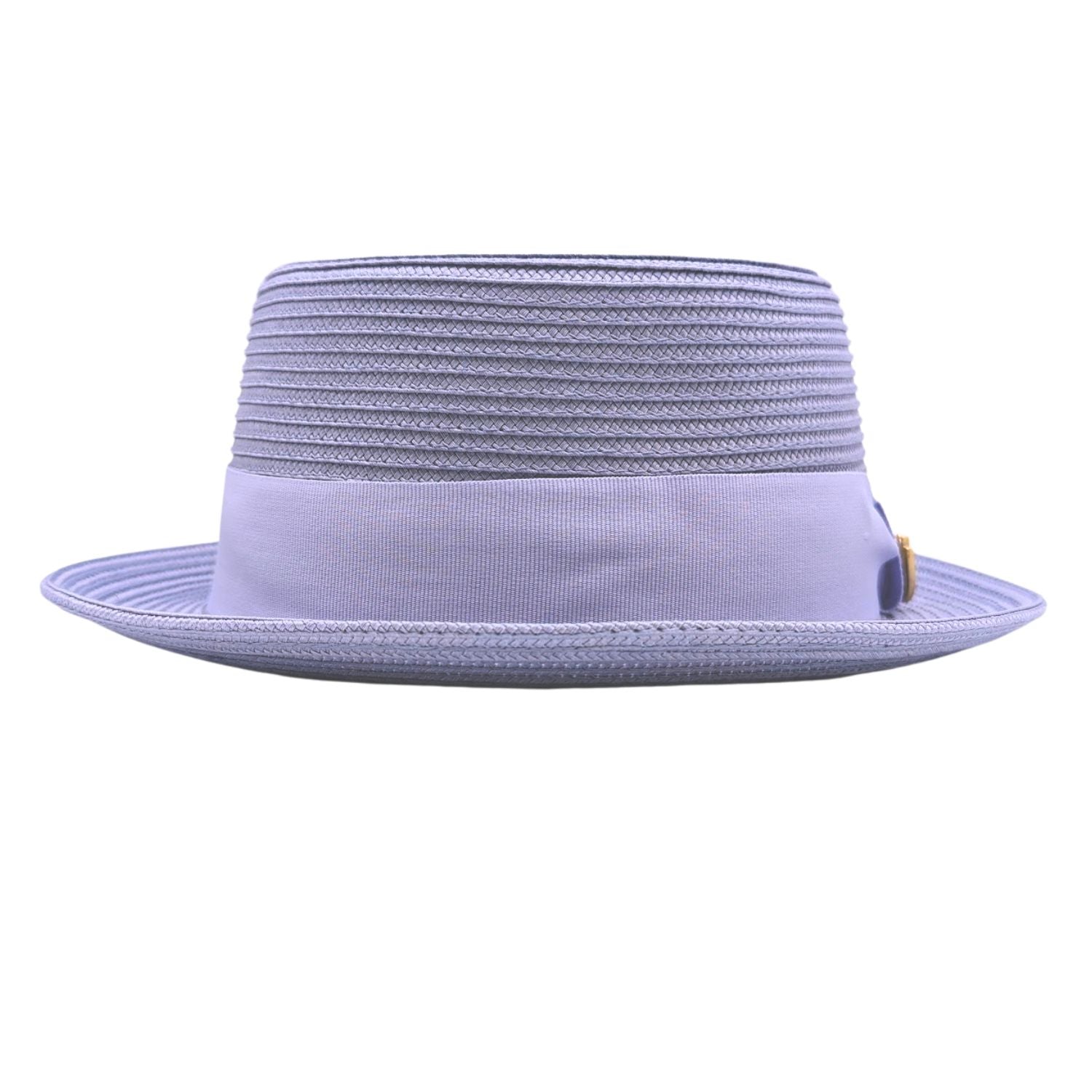 Lilac Montique pork pie hat front view with flat crown, matching grosgrain band, bow, logo pin, and short brim