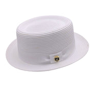 White Pork Pie Straw Hat Short Brim with Grosgrain Band by Montique