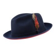 Navy Small Felt Band Red Bottom Wool Felt Dress Hat 2 1/4 Brim by Montique