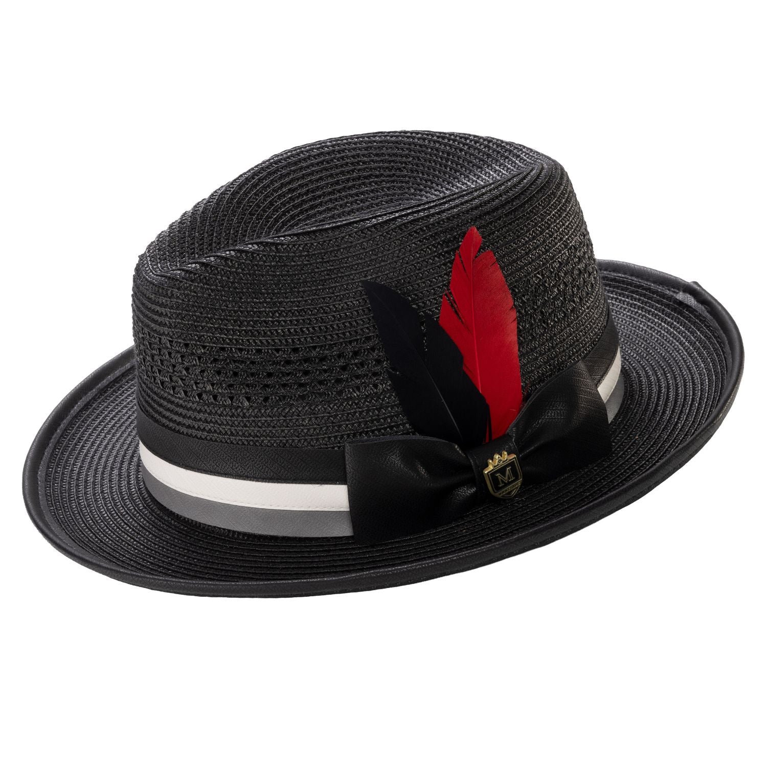 Black mesh braided men's fedora hat with striped ribbon and red feather accent.